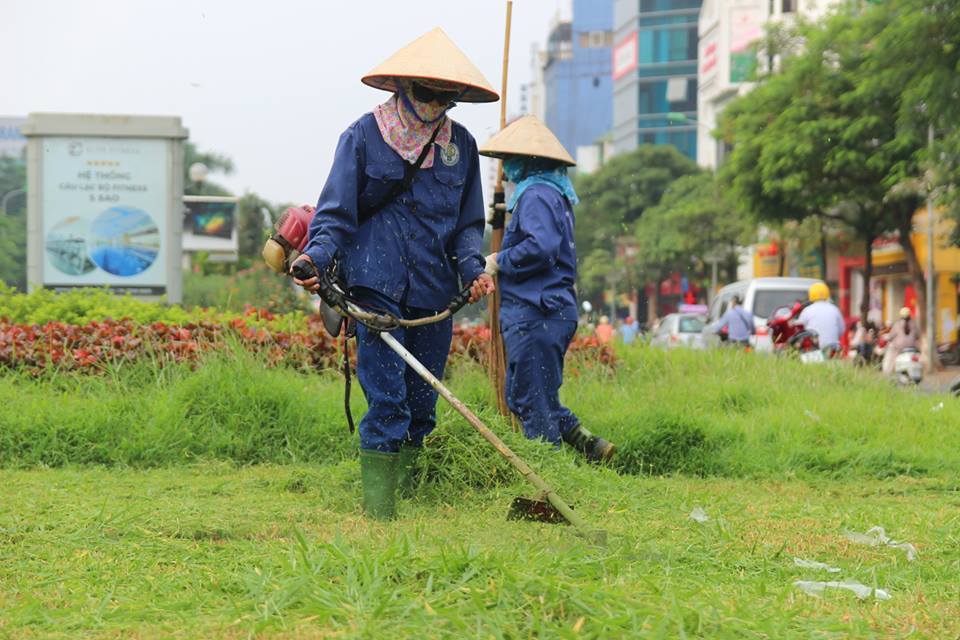 Nhân viên An Khang thực hiện cắt cỏ